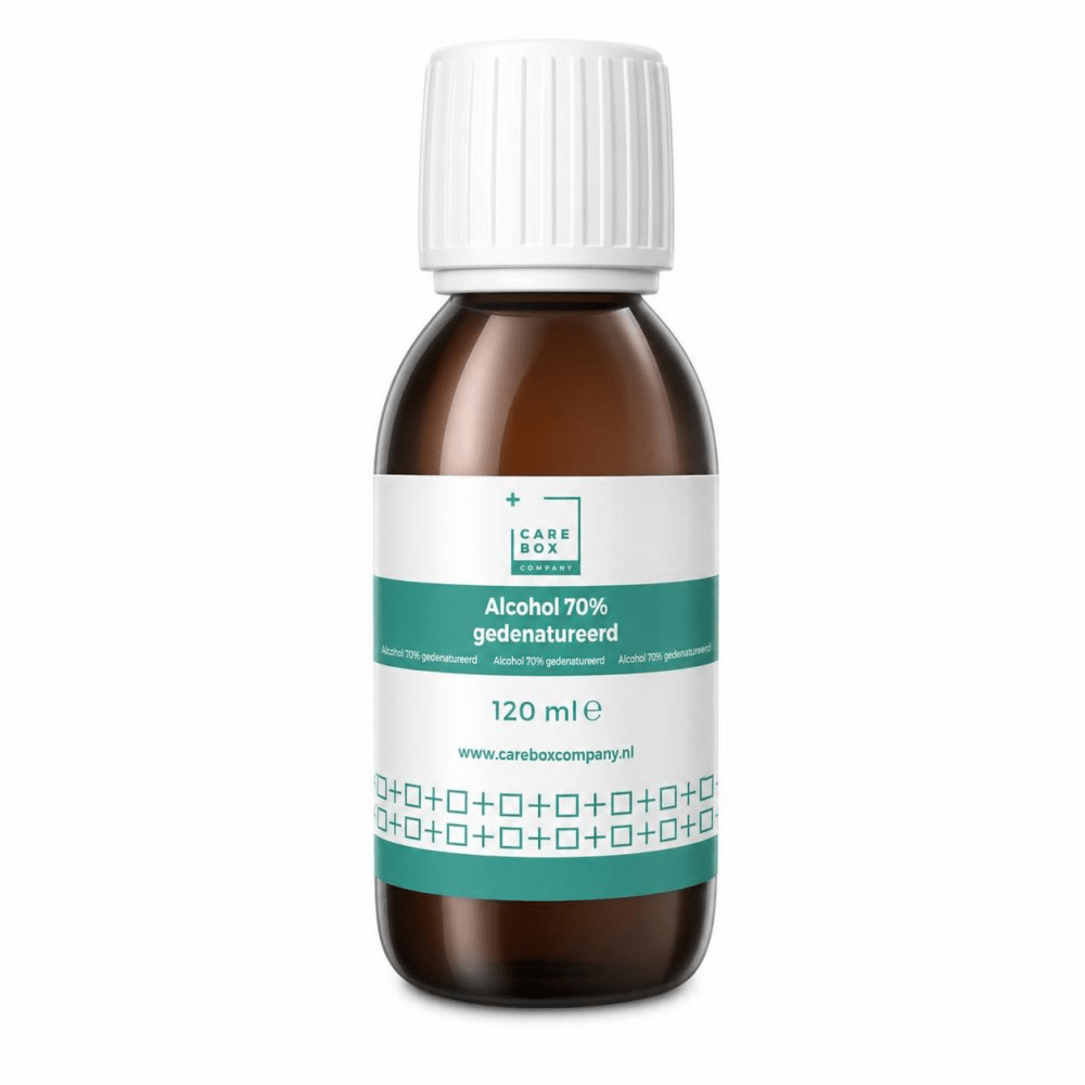 CareBoxCompany alcohol ketonis 70% gedenatureerd 120 ml in bruine fles meteen kindveilige dop voor uitwendig gebruik.