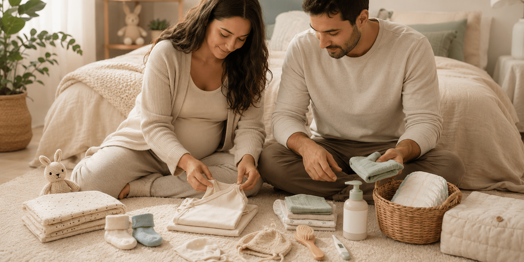 Aanstaande ouders bereiden samen de babyuitzet voor met babykleding, luiers en verzorgingsproducten.