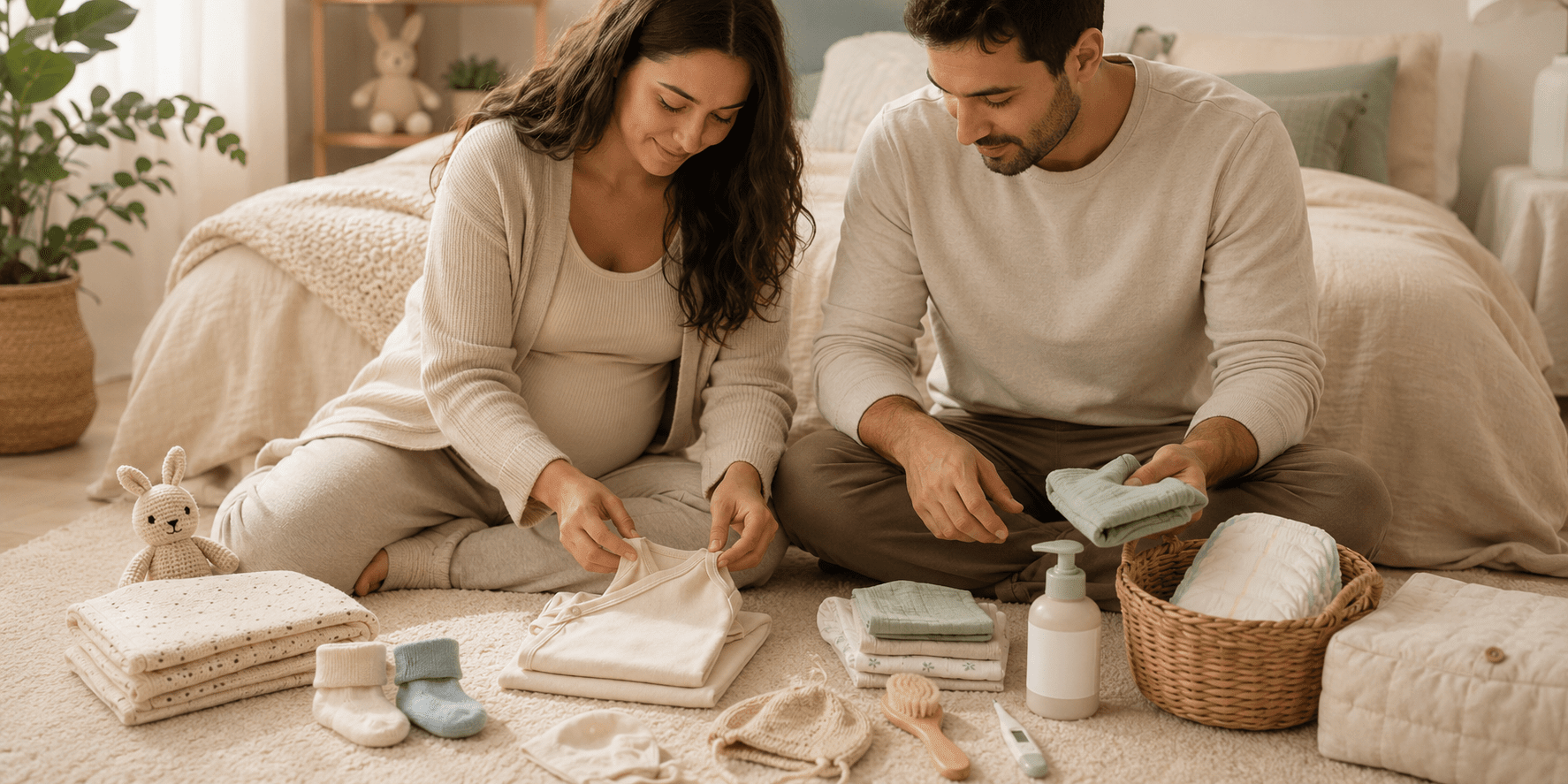 Aanstaande ouders bereiden samen de babyuitzet voor met babykleding, luiers en verzorgingsproducten.