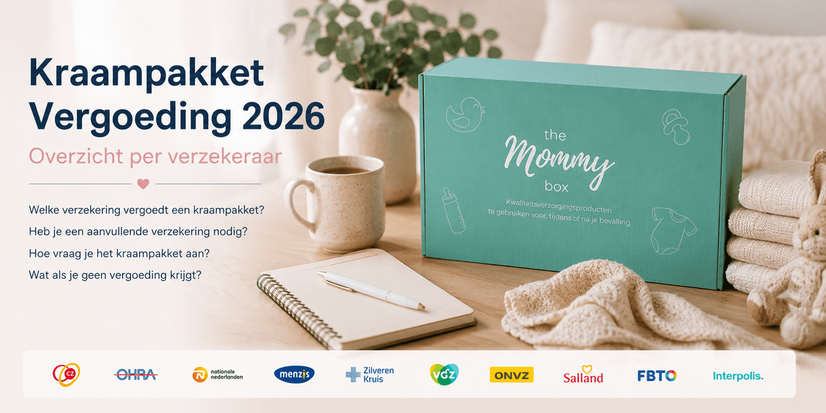 Kraampakket vergoeding 2026 met The MOMMY box en logo's van zorgverzekeraars